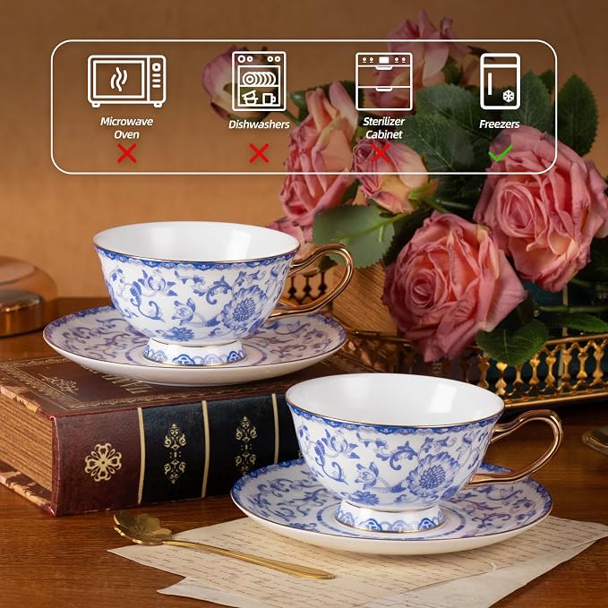 KAMMAK Tea Cups and Saucers Set of 2, Porcelain Coffee Cups, JBE023 | Stackable - Image 4