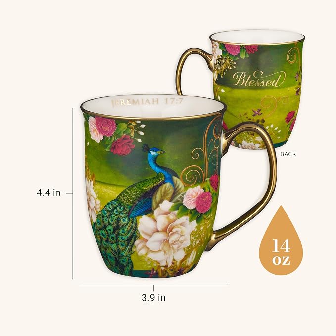 Christian Art Gifts Blue Peacock Ceramic Coffee Mug - Image 2