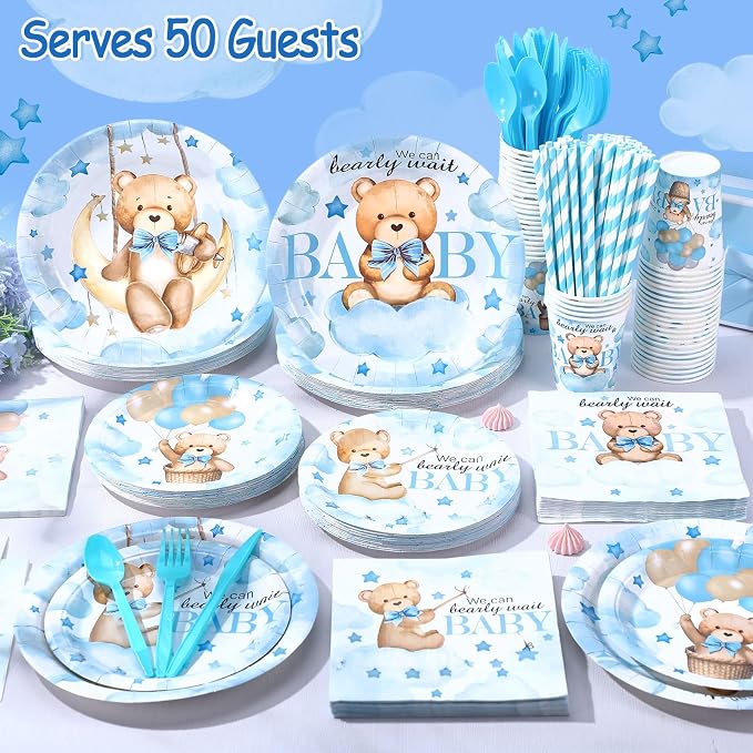 450 Pcs Blue Bear Baby Shower Tableware Set Decorations, Serves 50 | We Can - Image 6