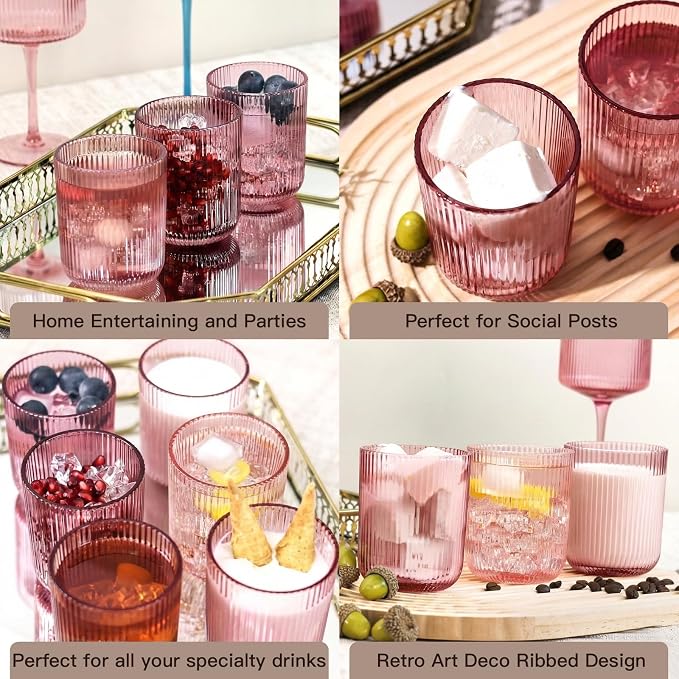 Pink Ribbed Drinking Glasses Set of 6, 8.5oz Vintage Highball Tumblers - Image 4