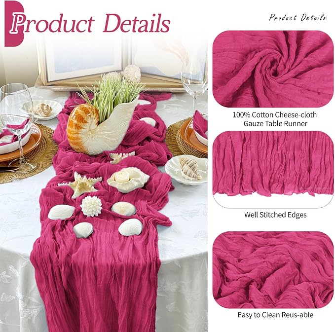 3 Pack Hot Pink Cheesecloth Table Runner 17x108 Inch Semi Sheer Boho Gauze - Image 5