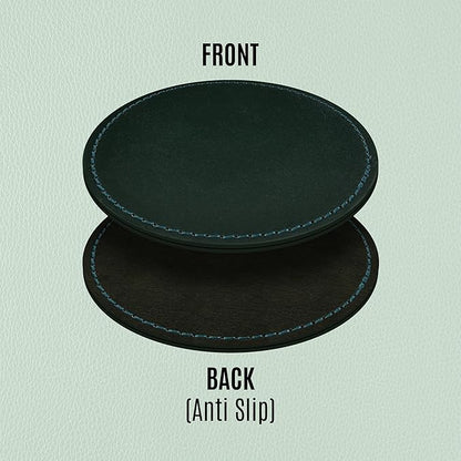 Genuine Leather, Premium Table Coasters by Leatherific, Round, 4 inch, Set of 6, with Holster, Handcrafted, Hand Made, Non Slip Drink Mats, Green (Forest Green, 4")