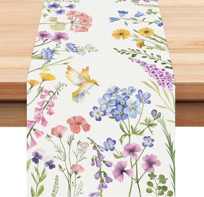 Bonhause Spring Floral Table Runner 13x90 Inch Garden Flowers Birds Leaves by Bonhause