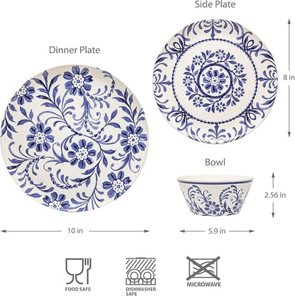 Bzyoo 12-Piece Melamine Dinnerware Set - Indigo Floral | Lightweight, Durable, BPA-Free | Dishwasher Safe Dish Set for Indoor & Outdoor Use - Perfect for Camping, BBQs, Kids Parties