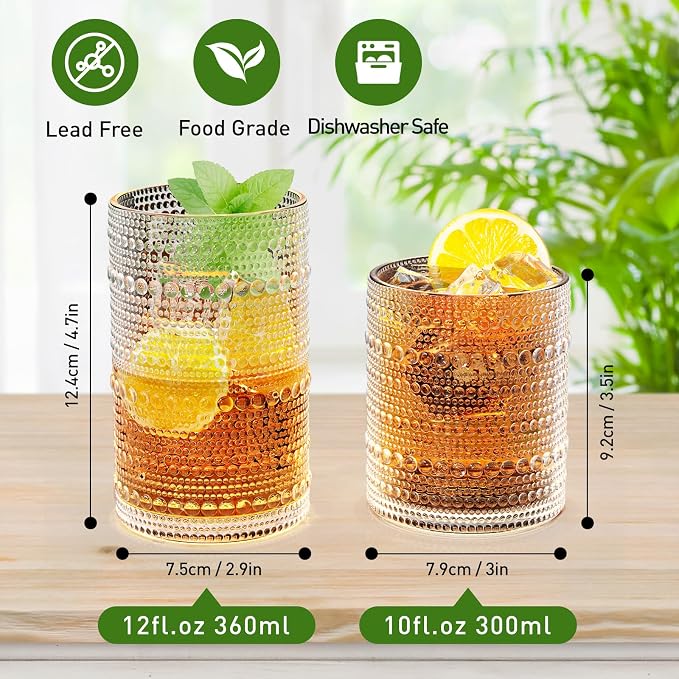 Hobnail Drinking Glasses Set of 12 Kitchen Glass Cups Bar Glassware - Image 2