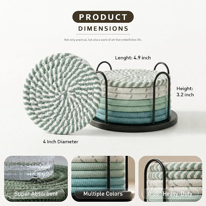Lazebox Coasters Set of 8 for Drinks, 4 Inch Large Coasters for Coffee Table - Image 4