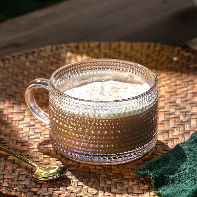 Gezzeny Vintage Glass Coffee Mugs 14 Oz Set of 2 Iridescent Embossed, Tea Cups - Image 4
