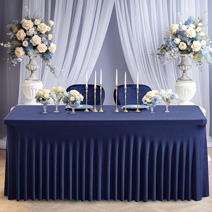 Wish Care 6 Pack Navy Blue Stretch Spandex Table Clothes for 6 Foot Rectangle Tables, 6FT Wrinkle Free Fitted Tablecloths Ruffles Design Table Cover for Party, Banquet, Wedding and Events