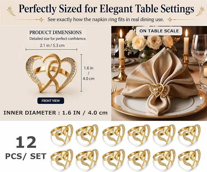 Gold Napkin Rings Set of 12 – Heart Design – Romantic Napkin Ring Holders - Image 2