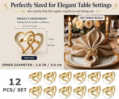 Gold Napkin Rings Set of 12 – Heart Design – Romantic Napkin Ring Holders - Image 2