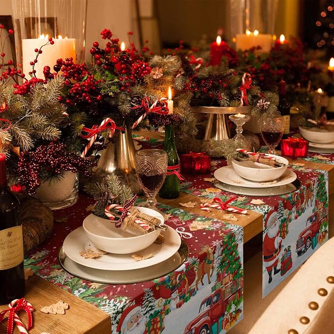 Merry Christmas Table Runner 60 Inches Long, Santa Xmas Tree Snowflake Table - Image 6