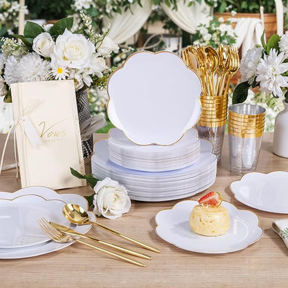 EI 180pcs White Plastic Plates with Gold Plastic Silverware,Heavy-Duty Disposable Plates for Party,White Dinnerware Set for 30 Guest Wedding,Birthday,Spring Afternoon Tea