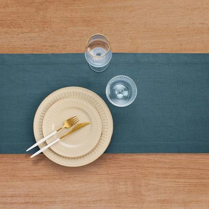 Solino Home 100% Linen Table Runner Peacock Blue Woven, Fete 14 x 36 in | Table - Image 5