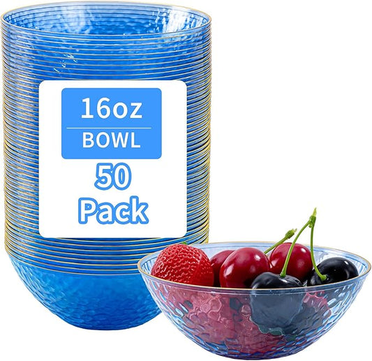 Tinybee 50 Pack Blue Plastic Bowls - Blue Disposable Bowls for Party with Gold Rim, 16-20oz Premium Hammered Bowls Disposable Heavy Duty, Plastic Salad Bowls for Milk Cereals, Snacks, Salads