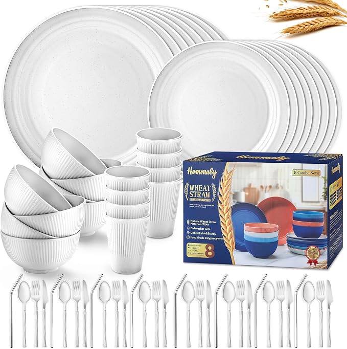 Wheat Straw Dinnerware Sets, 64-Piece Plates and Bowls Sets by HOMMALY