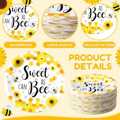 60 Pcs 7 Inch Honey Bee Paper Plates Bee Happy Shower Tableware Gender Reveal Party Dinnerware Honey Theme Day Birthday Party Tableware Decorations Favors