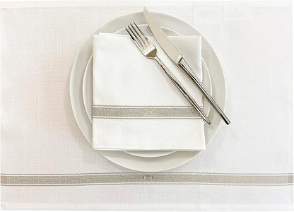 Premium Cloth Striped Placemats Set of 4 – 100% Soft Durable Jacquard Woven Cotton Table Placemats with Stain-Release Fabric – Machine Washable for Dining Table – Taupe, 20"x14"