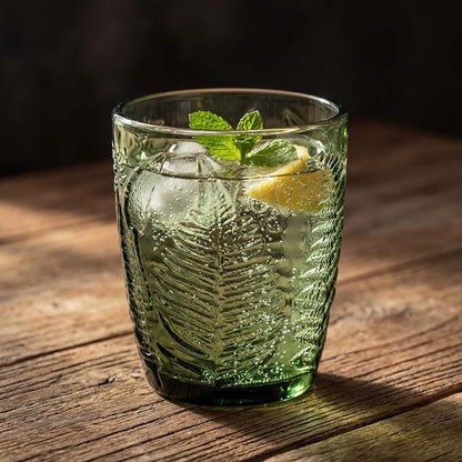 Vintage Green Drinking Glass, 10 oz Hand-Pressed Deep Textured Glass Cup - Image 3