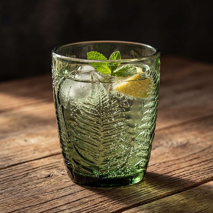Green Drinking Glasses Set of 8, 10 oz Glass Cups, Vintage Fern Glassware | - Image 3