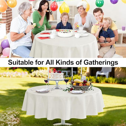 JIUZHEN Round Table Cloth Faux Linen Farmhouse Tablecloth Wrinkle and Stain Resistant Decorative Fabric Table Cover for Kitchen, Dining Room, Parties and Camping, White, 108 Inch Round