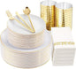 MirthMood 350Pcs White and Gold Dinnerware Set,Plastic plates Includes:50 Dinner Plates, 50 Dessert Plates, 150 Gold Plastic Cutlery,50 Paper Towels & 50 Cups for Party&Wedding