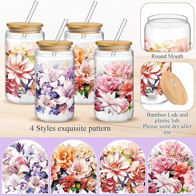 Mumufy 4 Pack Wildflower Glass Cups Gift Aesthetic Cute Glass Cup Tumbler - Image 3