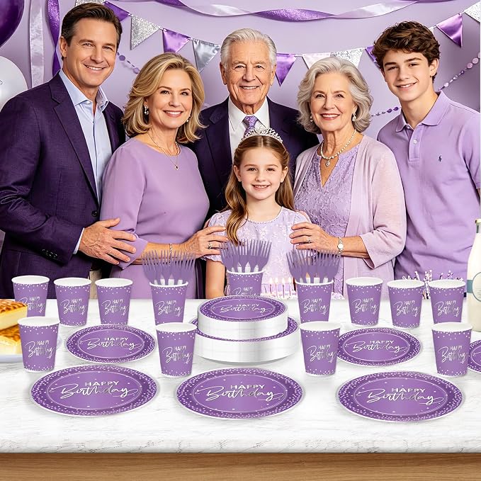250Pcs Purple Silver Birthday Party Plates Serves 50 | Purple and Silver Plates - Image 5