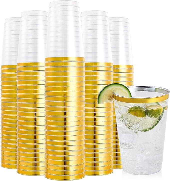 FOCUSLINE 200 Pack 12 oz Gold Rimmed Plastic Cups, Heavy-duty & Fancy by FOCUSLINE