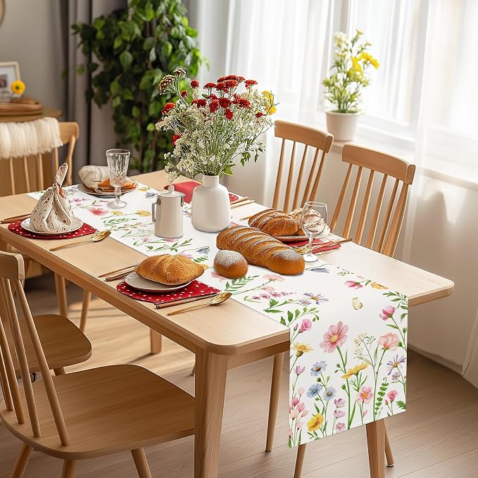 Bonhause Spring Floral Table Runner 13x72 Inch Pink Flowers Plants Leaves - Image 4
