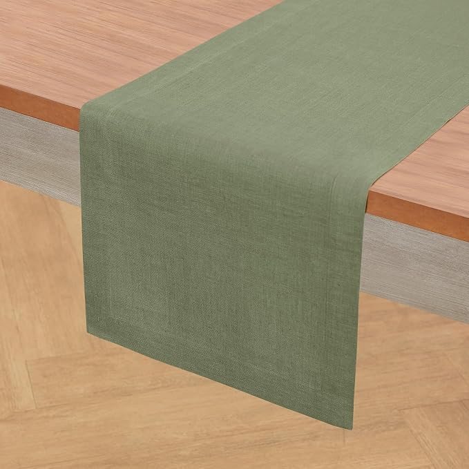 Solino Home 100% Pure Linen Table Runner Oil Green Woven, Fete 14 x 36 in | - Image 2
