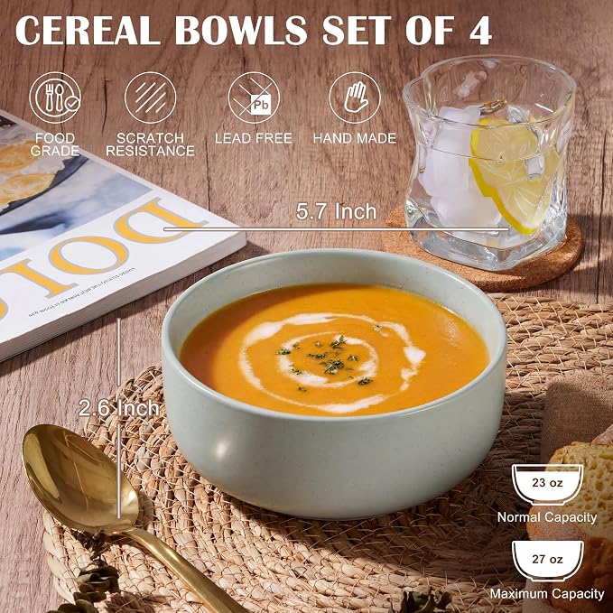 E-far Cereal Bowls Set of 4, 27oz Ceramic Deep Soup Bowls - Image 2
