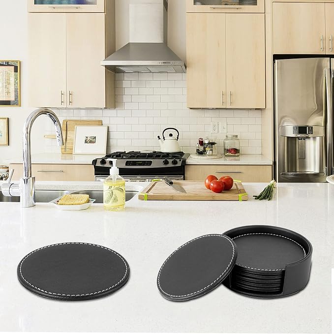 Durable Round Black Leather Coaster - Image 7