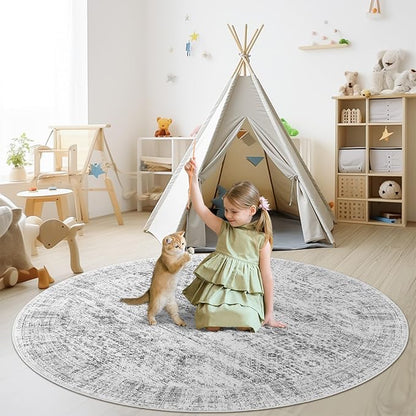 9x9 Grey Round Rug 9ft Living Room Circle Rug Vintage Round Area Rug Non Slip Indoor Carpet for Apartment