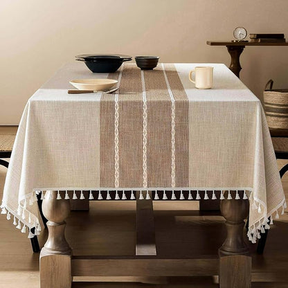 ZeeMart Contrast Linen Table Cloth Rectangle Table Cloths 60x120 Inch Brown, Farmhouse Style Heavy Weight Beige Tablecloth, Water Resistant Burlap Tablecloths