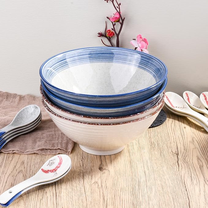 Ceramic Ramen Bowl Set of 2, 8.3" Blue Striped Japanese Noodle Bowls, Large - Image 4