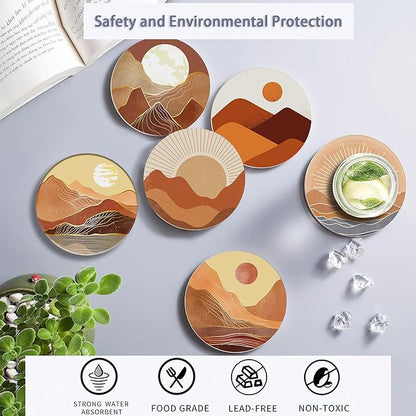 6 Pcs Coasters for Drinks with Holder, Boho Mountain Sun Absorbent Ceramic Coasters with Cork Base,Cute Funny Table Drinks Coasters Tabletop Protection Mat,Table Home Decor,4 Inches