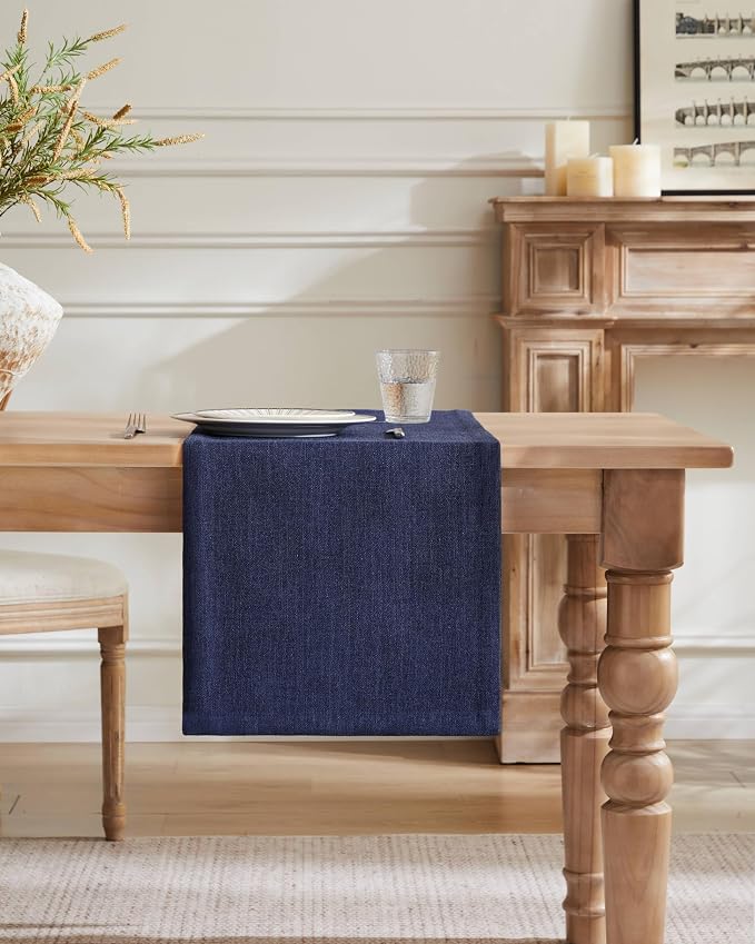 Burlap Style Farmhouse Table Runner, 14x90 Inches Navy | Thick Durable Fabric - Image 2