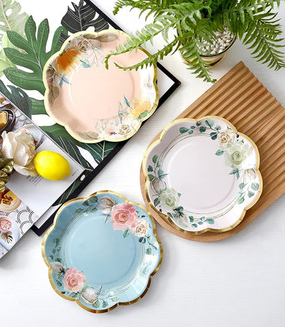 Winoo Design Floral Paper Plates - 48 PK - 9 Inch Flower Party Plates Floral Disposable Plates for Tea Party Baby Shower Brial Shower Birthday Wedding