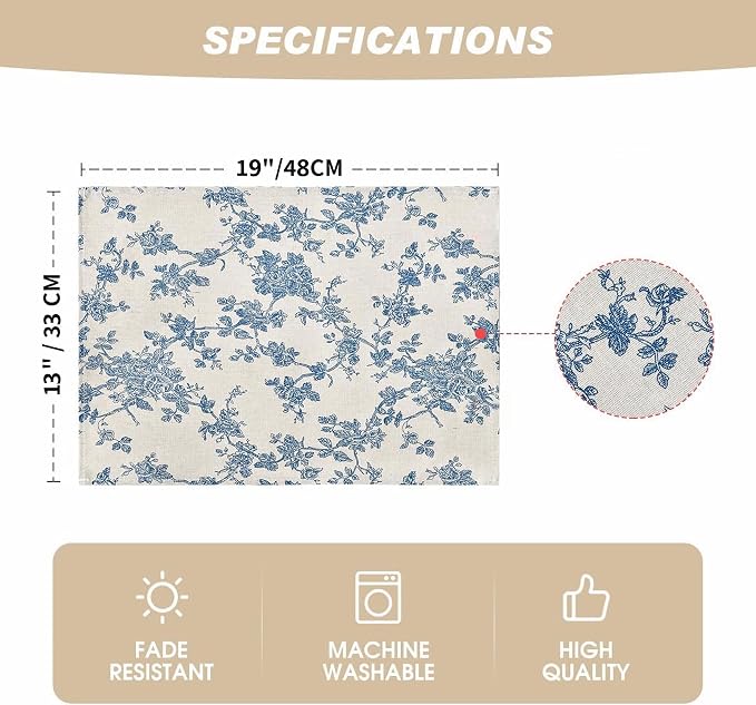 Pastoral Placemats for Dining Table Set of 6, Reversable & Heat-Resistant - Image 6