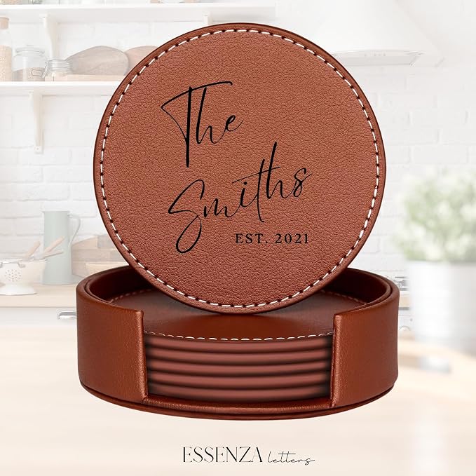 Set of 6 Engraved Leather Coasters - Image 5