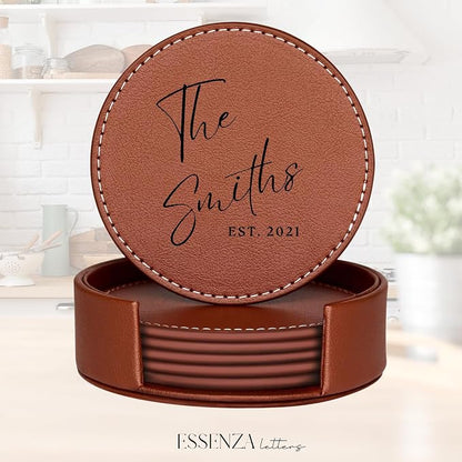 Set of 6 Engraved Leather Coasters - Image 5