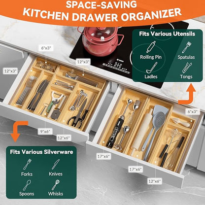 Bamboo Drawer Organizer – Set of 2 Stackable Storage Boxes, Silverware Tray & Small Gadget Holder for Kitchen Drawers, 9" x 3" x 2" (Outer), 8.3" x 2.3" x 1.77" (Inner)