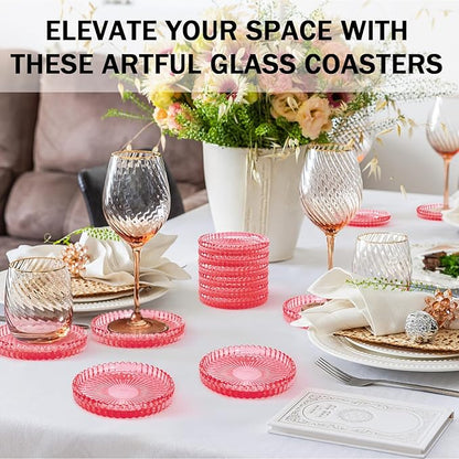 Vintage Glass Coasters, GOH DODD Set of 8 Crystal Coasters Tabletop Protection for Drinks, Home Decor, Kitchen, Living Room, Patio, Wedding, Party, Housewarming Gifts, Clear Red