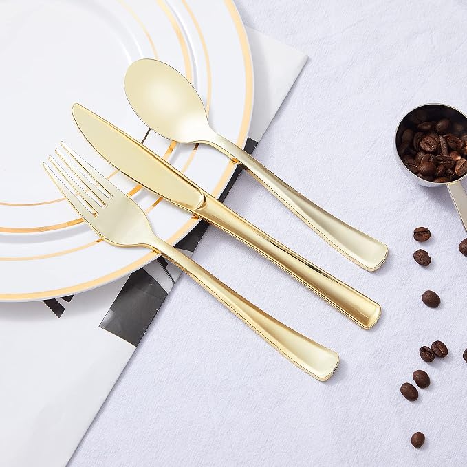 300PCS Gold Plastic Silverware, Disposable Plastic Cutlery/Utensils | Heavy - Image 6
