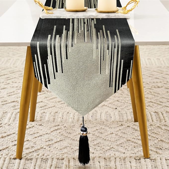 Luxury Black and Gold Table Runner 72 Inches Long, Modern Abstract Striped | - Image 2