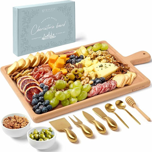 Charcuterie Board Set - Beech Wood Cheese Board for Serving with Accessories - House Warming Gifts for New Home, Bridal Shower & Wedding Gift, Birthday Gifts for Women