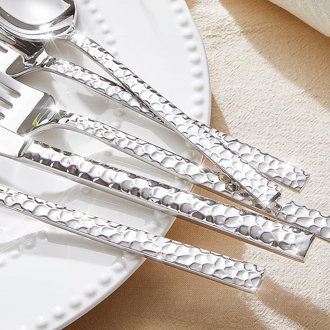 40 Piece Hammered Silverware Set, 18/10 Stainless Steel Flatware Set - Image 3