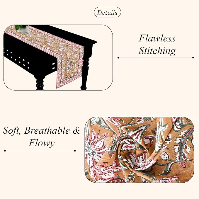 Biscotti Yellow Hand Block Print 100% Cotton Reusable Table Runner 16" X 106" - Image 3