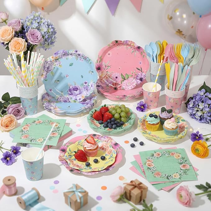 450 Pcs Floral Tea Party Tableware Set Decorations, Serves 50 | Scalloped - Image 6