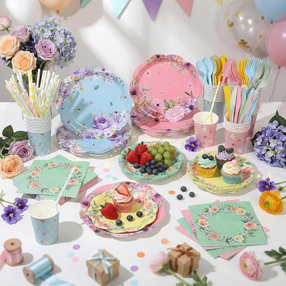 450 Pcs Floral Tea Party Tableware Set Decorations, Serves 50 | Scalloped - Image 6